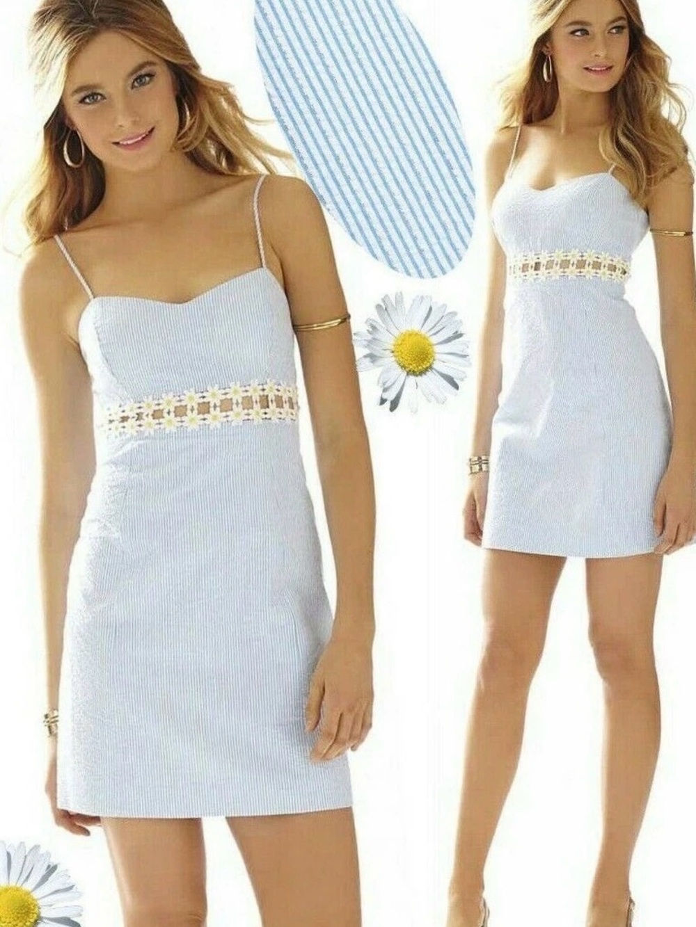 Lilly Pulitzer Sheena Ariel Blue Seersucker Stripe Cut Out Daisy Lace Dress 8